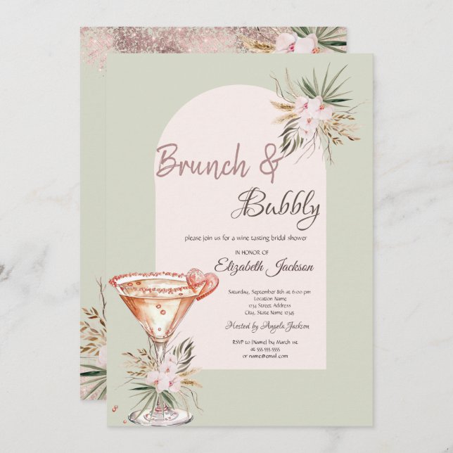 Invitation Martini Heart Boho Fleurs Brunch & Bubbly (Devant / Derrière)