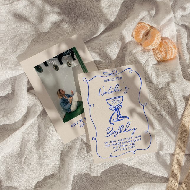 Invitation Martini photo 30th Hand Drawn Blue Bow (Créateur téléchargé)