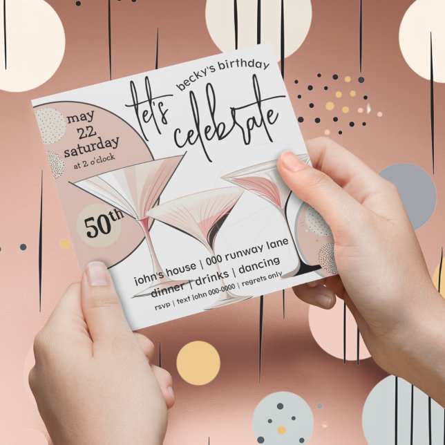 Invitation Martini Retro | Rose pâle | Ivoire | MOTIF (Martini retro blush pink 50th birthday party customizable invitation. )