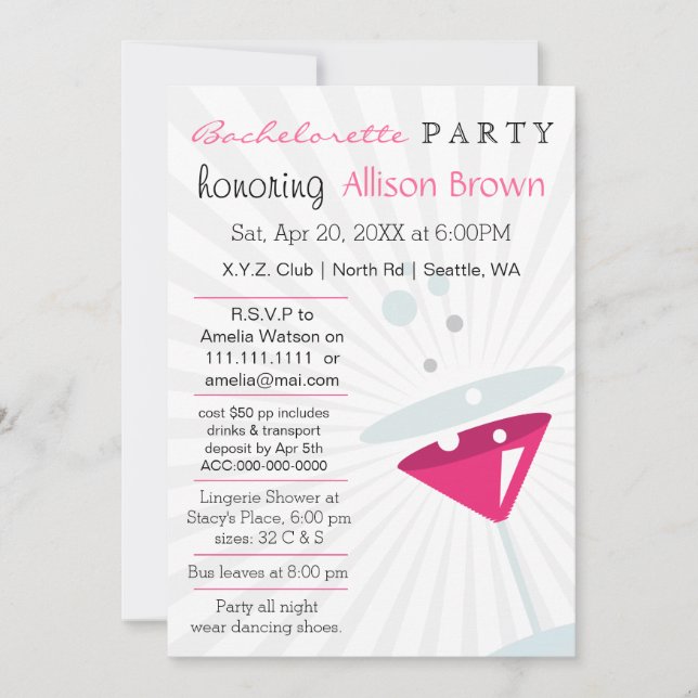 Invitation Martini rose Mod Bachelorette (Devant)