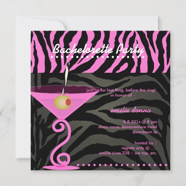 Invitation Martini rose Zebra/rose Bachelorette Party (Devant)