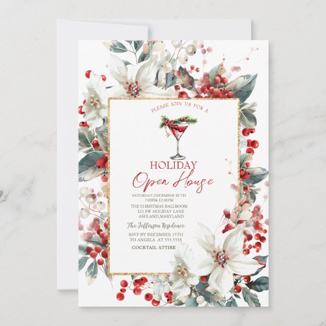 Invitation Martini White Poinsettia Fête de Noël Maison Ouver (Devant)