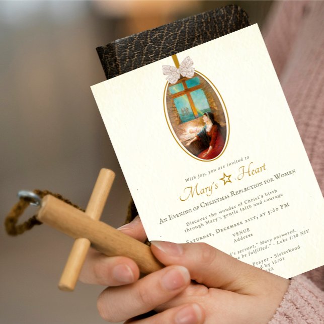 Invitation Mary's Heart Christmas Vintage Bow Women Ministry (Mary's Heart Christmas Vintage Bow Women Ministry Nativity Religious Spiritual Event Invitation)