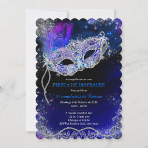 Invitation Mascarada de Cumpleaños Personalizada Azul Real