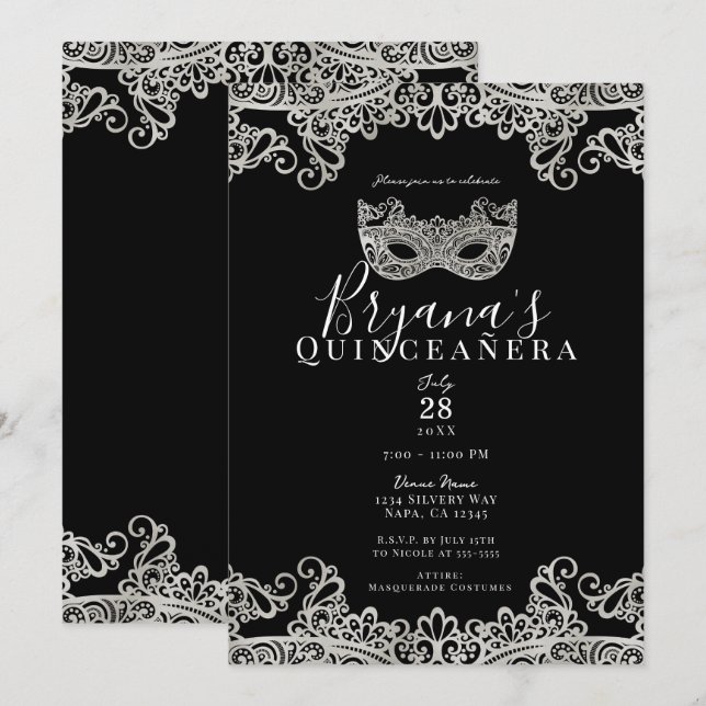 Invitation Mascarade à la dentelle noire et argentée pour les (Devant / Derrière)