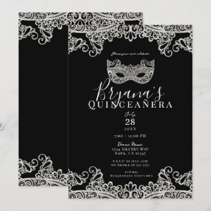 Invitation Mascarade à la dentelle noire et argentée pour les