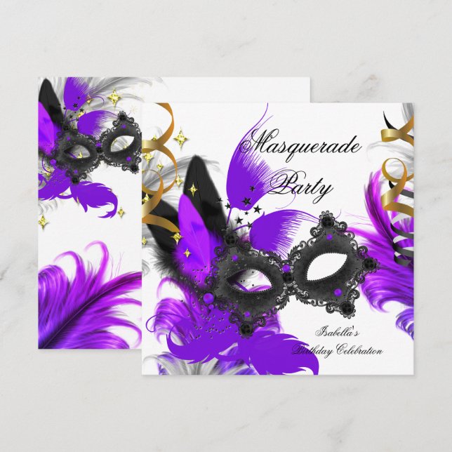 Invitation Mascarade Anniversaire Masque Violet Blanc Noir (Devant / Derrière)