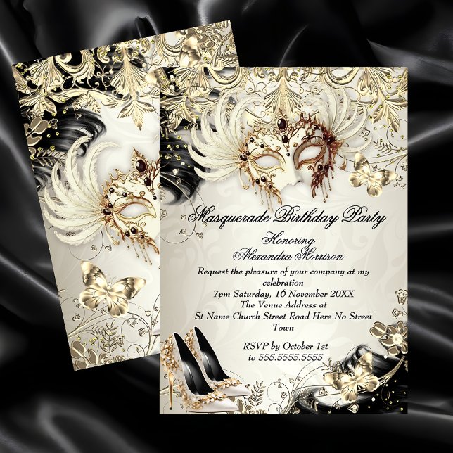 Invitation Mascarade anniversaire Or Noir Crème Papillon (Créateur téléchargé)