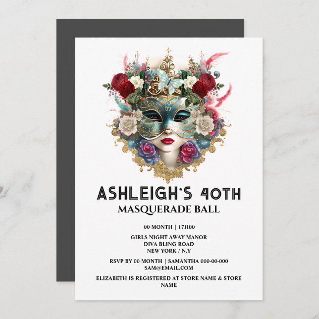 Invitation Mascarade anniversaire Vénétie femme visage masque (Devant / Derrière)