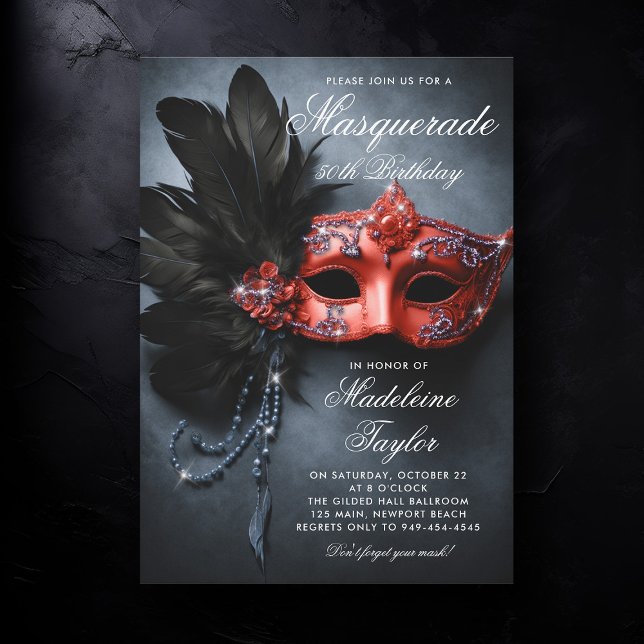 Invitation Mascarade Argent Noir Rouge Marine 50e anniversair (50th birthday invitation for women masquerade theme christmas red silver black navy elegant painting)