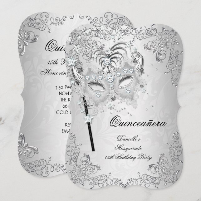 Invitation Mascarade Argent Quinzième Anniversaire (Devant / Derrière)
