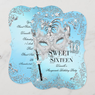 Invitation Mascarade bleu argent doux 16 Anniversaire