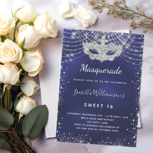 Invitation Mascarade bleu marine argent parties scintillant S