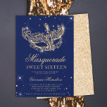 Invitation Mascarade bleu marine masque de parties scintillan<br><div class="desc">Un sweet sixteen moderne,  chic et glamour avec une parties scintillant en or dessinée à la main masque mascarade avec parties scintillant en or scintille sur un arrière - plan bleu marine éditable avec parties scintillant en or à l'arrière.</div>