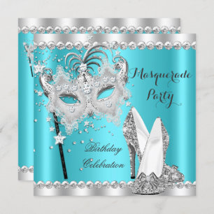 Invitation Mascarade bleu turquoise Masque Hi Heures Annivers