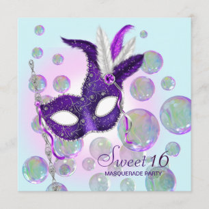 Invitation Mascarade bleue turquoise de sweet sixteen de
