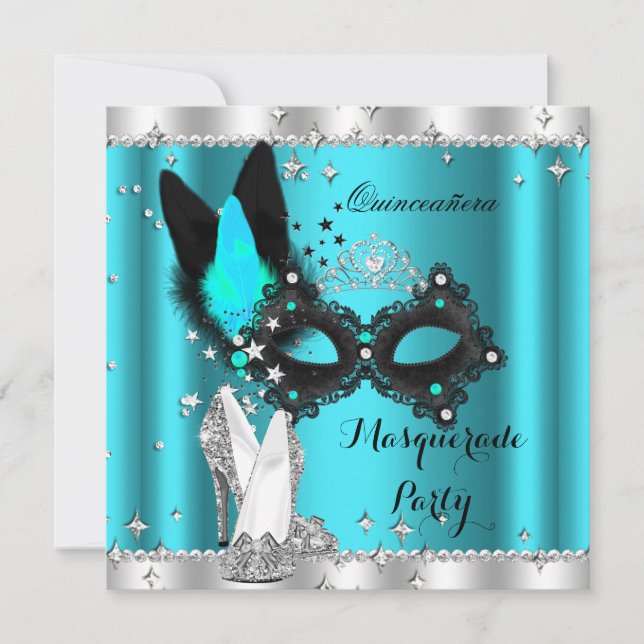Invitation Mascarade bleue turquoise Mascarade Quinceanera Ma (Devant)