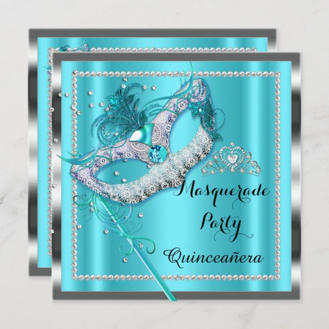 Invitation Mascarade bleue turquoise Quinceanera Party Mask 2 (Devant / Derrière)