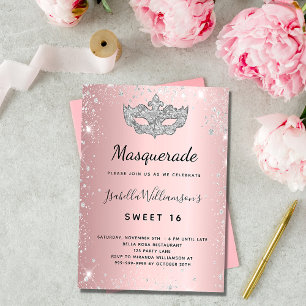 Invitation Mascarade blush rose argent Sweet 16