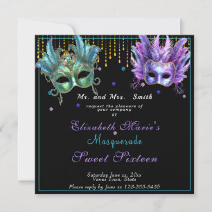Invitation Mascarade Carnaval rose Turquoise Sweet sixteen