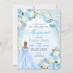 Invitation Mascarade Cendrillon bleu clair Quinceanera