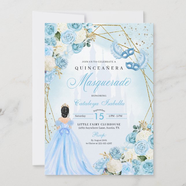 Invitation Mascarade Cendrillon bleu clair Quinceanera (Devant)