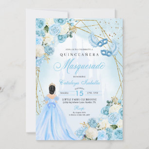Invitation Mascarade Cendrillon bleu clair Quinceanera