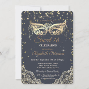 Invitation Mascarade Chic, Dentelle, Diamants Sweet 16
