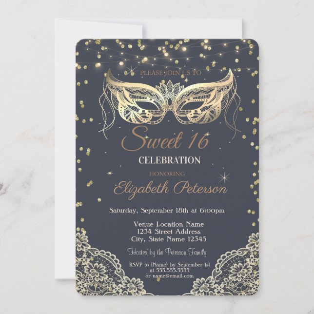 Invitation Mascarade Chic, Dentelle, Diamants Sweet 16 (Devant)