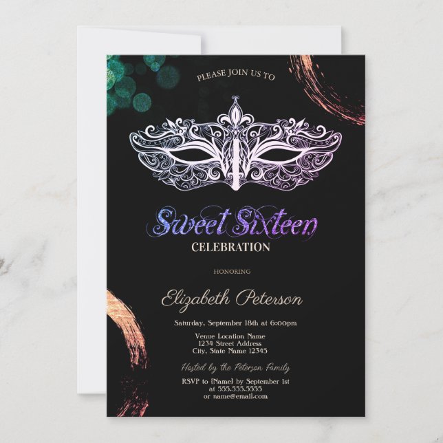 Invitation Mascarade Cool pour un Sweet 16 (Devant)