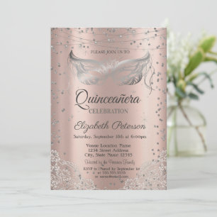 Invitation Mascarade d'Argent, Quinceañera Or en Dentelle de 