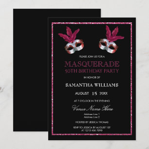 Invitation Mascarade de 50e anniversaire rose chic et paillet