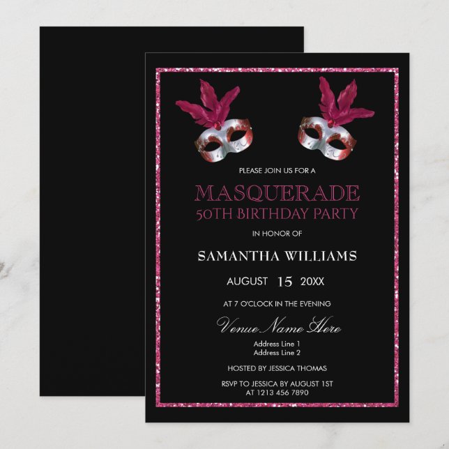 Invitation Mascarade de 50e anniversaire rose chic et paillet (Devant / Derrière)