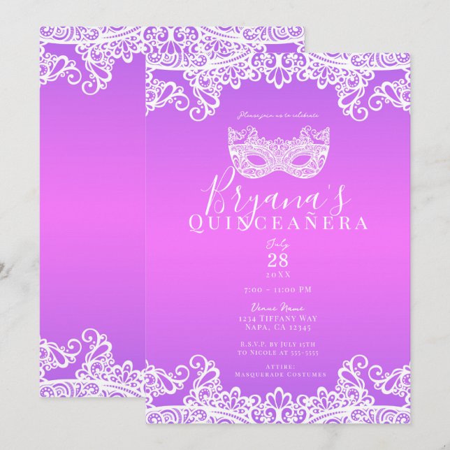 Invitation Mascarade de dentelle violette rose 15e Quinceañer (Devant / Derrière)