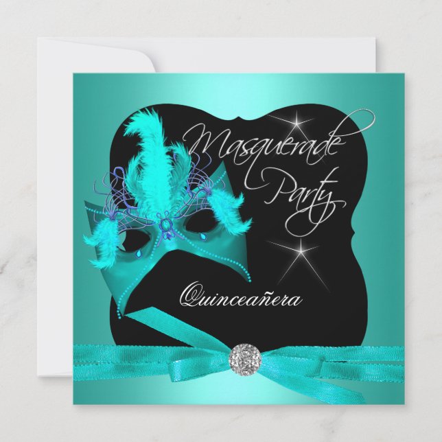 Invitation Mascarade de la fête de Quinceanera Noir Turquoise (Devant)