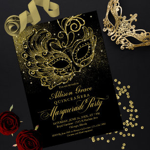 Invitation Mascarade de Quinceanera d'or noir