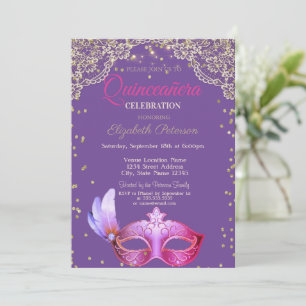 Invitation Mascarade, dentelle, diamants Quinceañera 