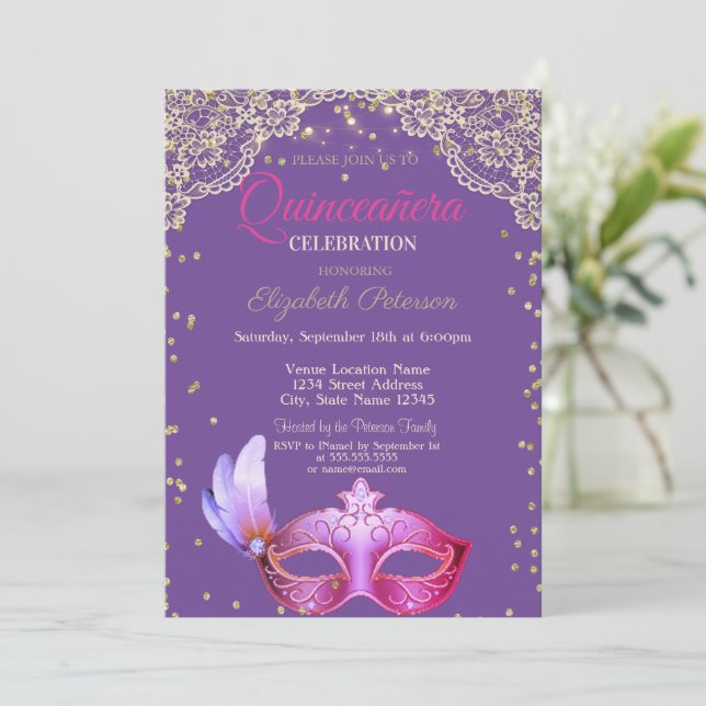 Invitation Mascarade, dentelle, diamants Quinceañera  (Debout devant)