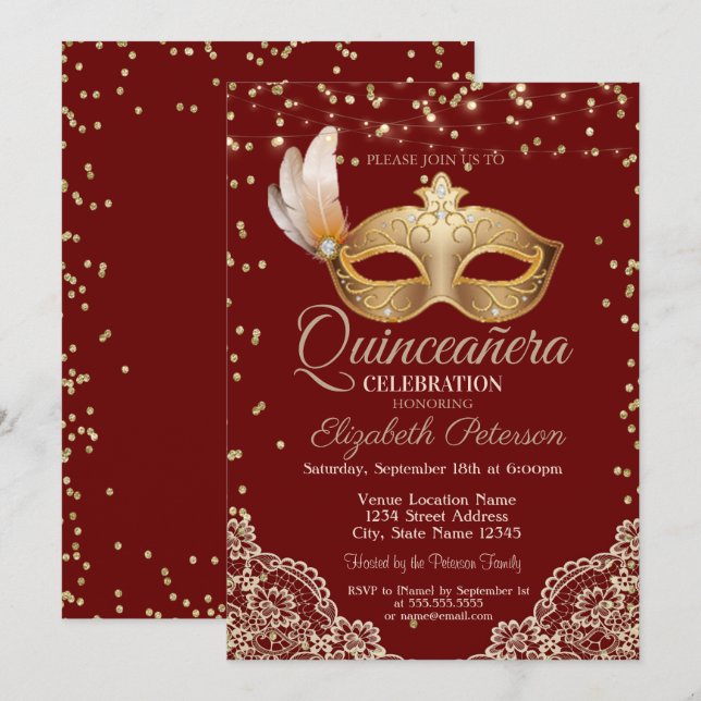 Invitation Mascarade, dentelle, diamants Robe rouge de Quince (Devant / Derrière)