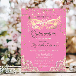 Invitation Mascarade, Dentelle, Diamants Rose Quinceañera