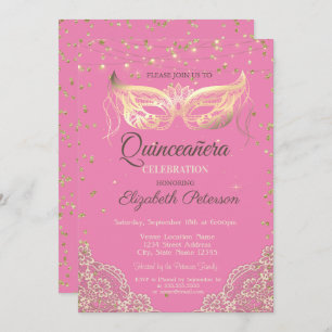 Invitation Mascarade, dentelle, Diamants Rose Quinceañera