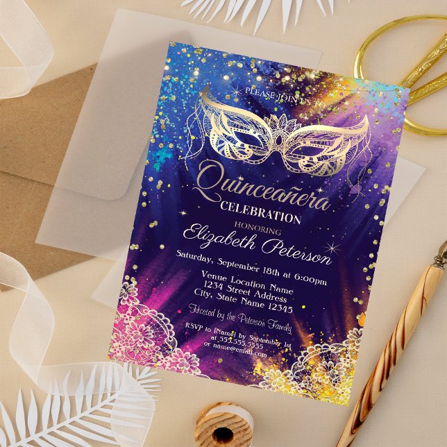 Invitation Mascarade, Dentelle, Paint Splash Quinceañera (Créateur téléchargé)