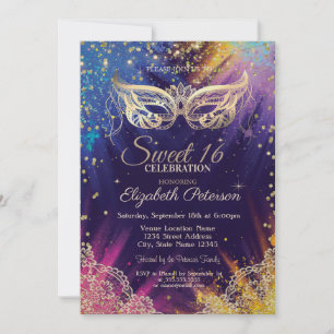 Invitation Mascarade, Dentelle, Paint Splash Sweet 16