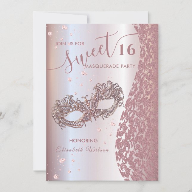 Invitation Mascarade diamant damassé rose or doux 16 (Devant)