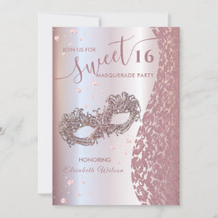 Invitation Mascarade diamant damassé rose or doux 16