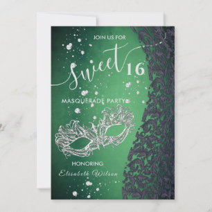 Invitation Mascarade diamant damassé vert doux 16