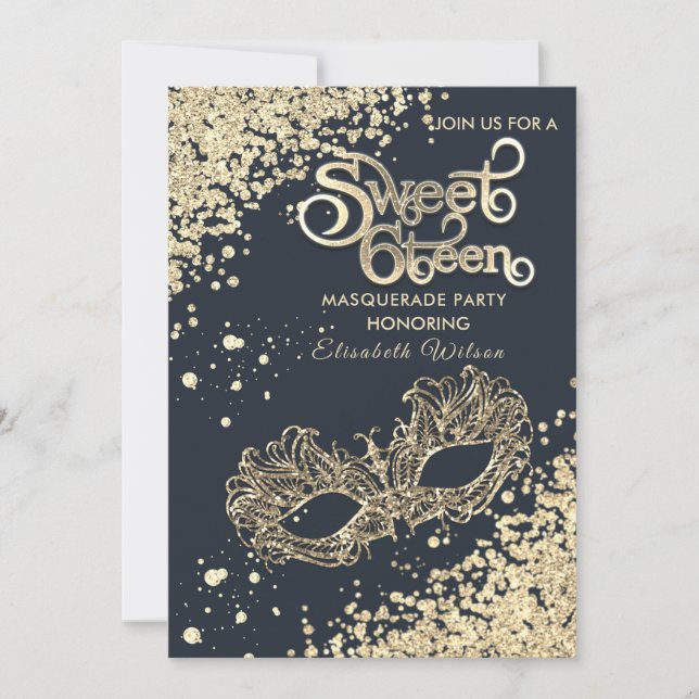 Invitation Mascarade diamant luxe or doux 16 (Devant)