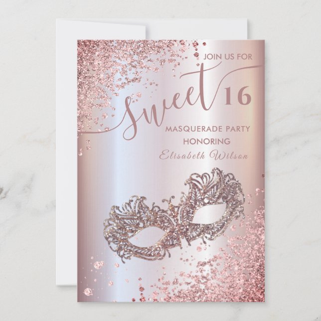 Invitation Mascarade diamant luxe rose or doux 16 (Devant)