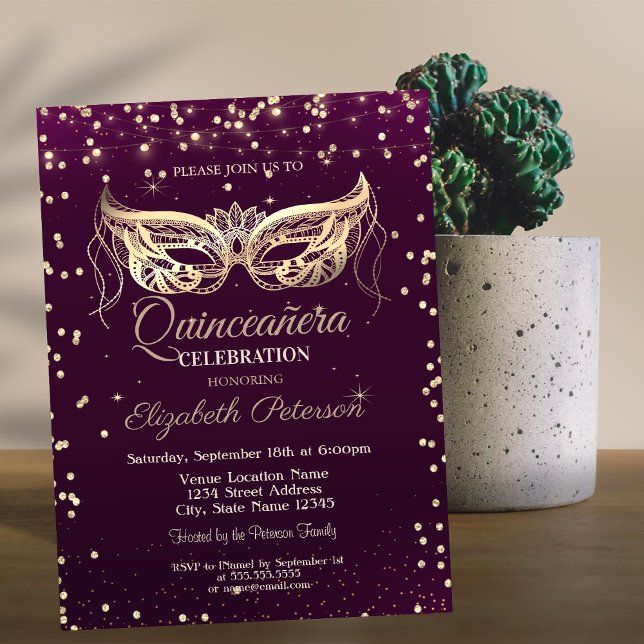 Invitation Mascarade, Diamants, Lumières Violet Quinceañera (Créateur téléchargé)