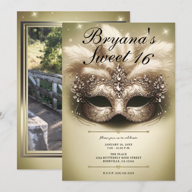 Invitation Mascarade Dorée Anniversaire 16 Ans Photo Naissanc (Devant / Derrière)